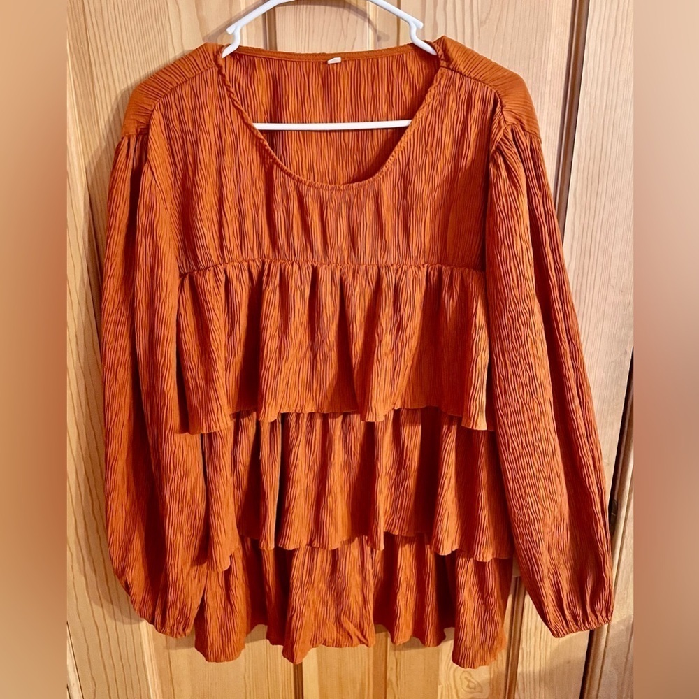 Burnt Orange Tiered Ruffle Blouse XL Non-Wrinkle Long Sleeve Boutique Top Pop On